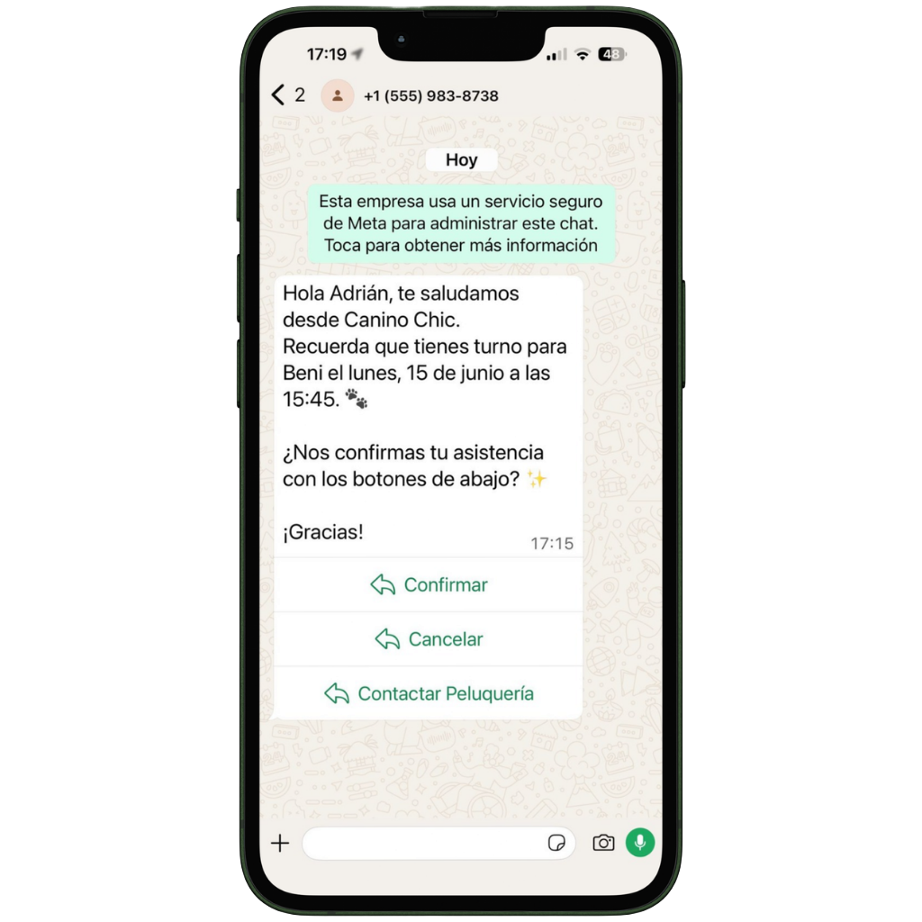 Recordatorio por WhatsApp con botones para confirmar o cancelar la cita